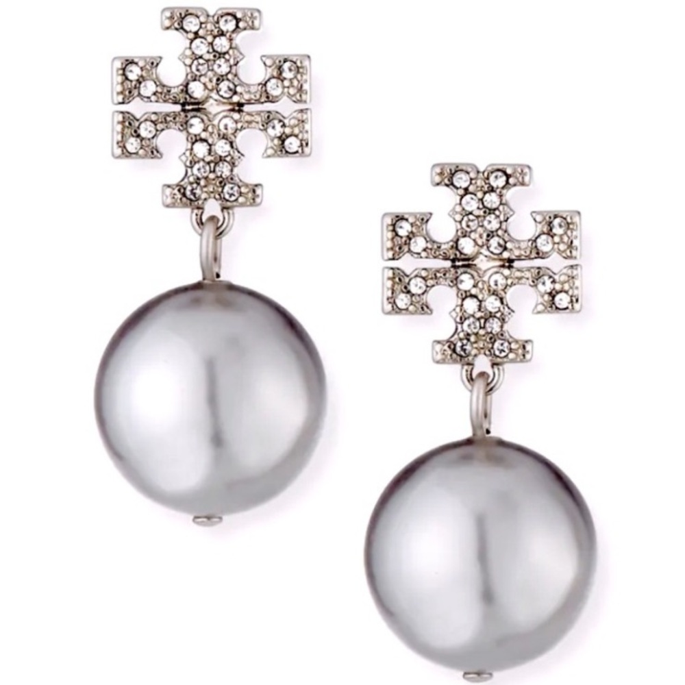 Tory Burch silver pavé logo drop & dangle pearl earrings